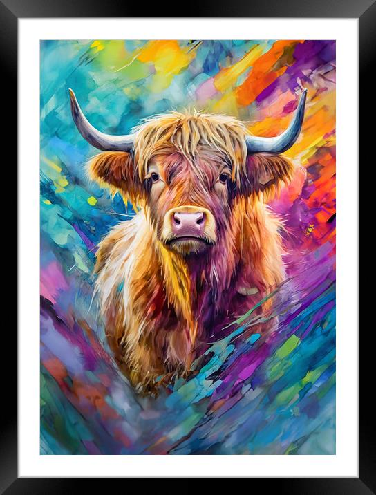 Colorful and artistic portrait of a Highland cow. Framed Mounted Print by Guido Parmiggiani
