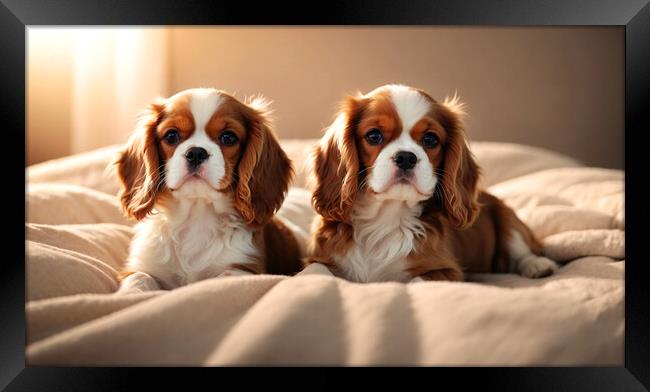 Two adorable Cavalier King dog puppies Framed Print by Guido Parmiggiani