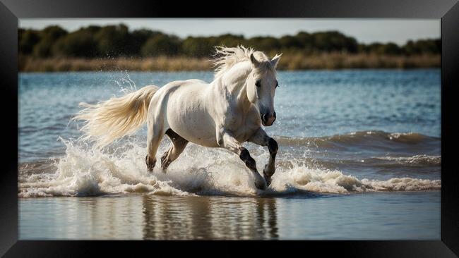 The imposing white stallion trots majestically on  Framed Print by Guido Parmiggiani