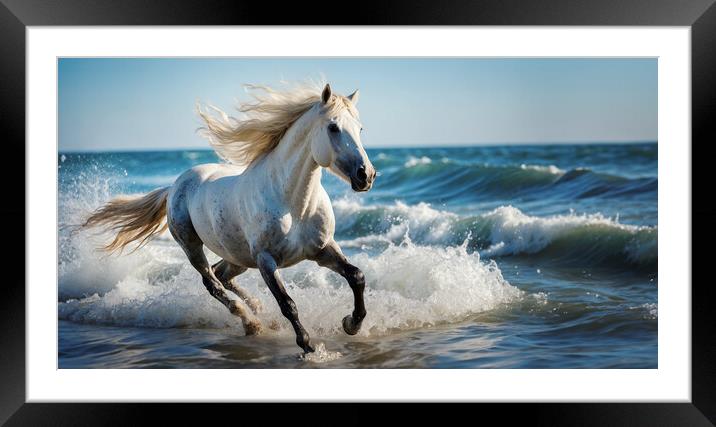 A white stallion gallops over a wave in the ocean Framed Mounted Print by Guido Parmiggiani