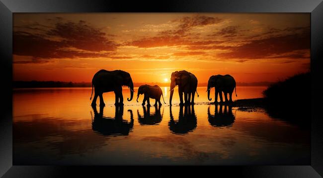 A family of African elephants moving at dusk in search of food.  Framed Print by Guido Parmiggiani