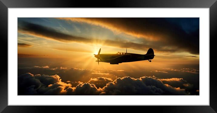 Evening at dusk: Spitfire in free Evening at dusk: Spitfire in free flight Framed Mounted Print by Guido Parmiggiani