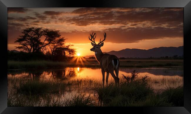 A young deer is beautifully silhouetted against the backdrop of an enchanting sunset. Framed Print by Guido Parmiggiani