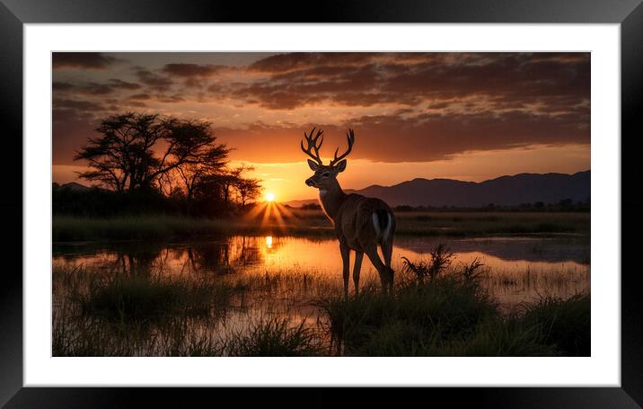 A young deer is beautifully silhouetted against the backdrop of an enchanting sunset. Framed Mounted Print by Guido Parmiggiani