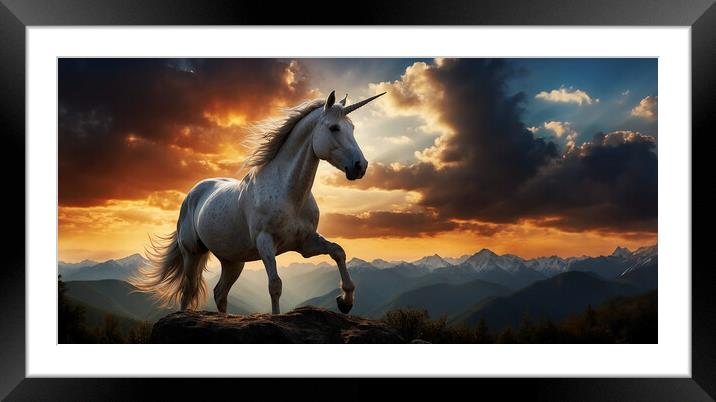 A stunning silhouette of a mythical unicorn Framed Mounted Print by Guido Parmiggiani