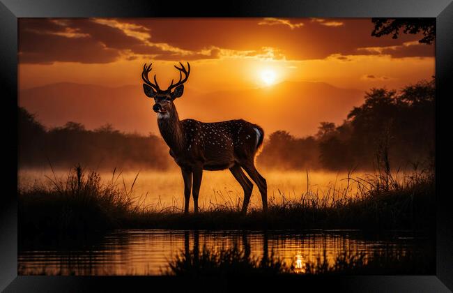 A young deer stands out beautifully against the backdrop of an enchanting sunset over the lake. Framed Print by Guido Parmiggiani