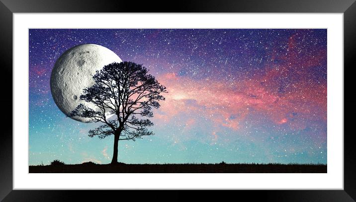 milky way, stars, moon and tree Framed Mounted Print by Guido Parmiggiani