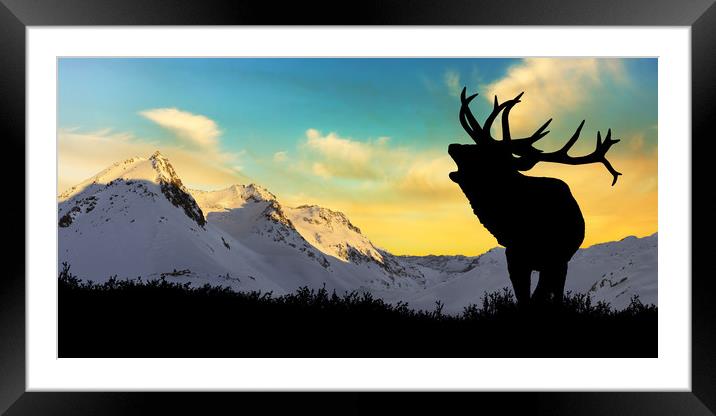 Deer with snowy mountains in the background, Framed Mounted Print by Guido Parmiggiani