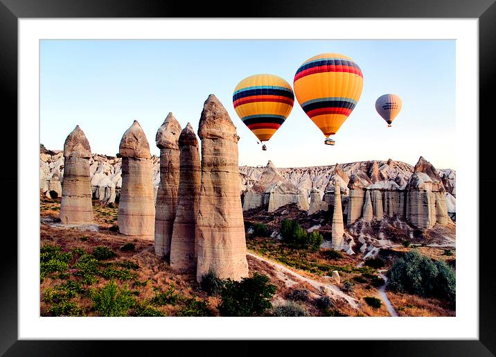 Balloons, Fairy Chimneys, Cappadocia, Turkey Framed Mounted Print by Geoffrey Higges