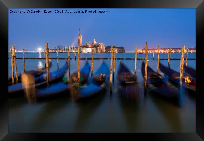 Venice, Gondolas After Dark Framed Print by Carolyn Eaton