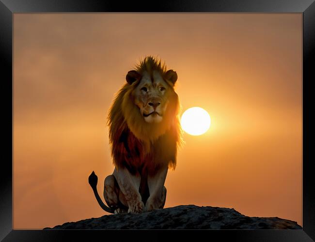 Lion at sunset or sunrise Framed Print by Alan Tunnicliffe
