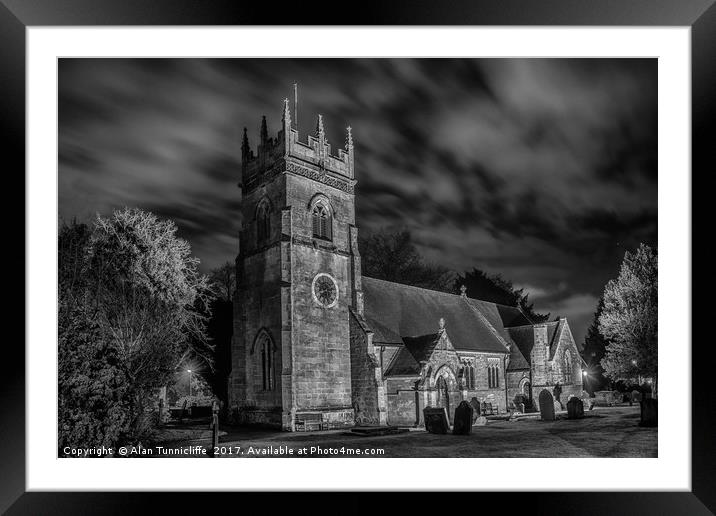Village church at night Framed Mounted Print by Alan Tunnicliffe