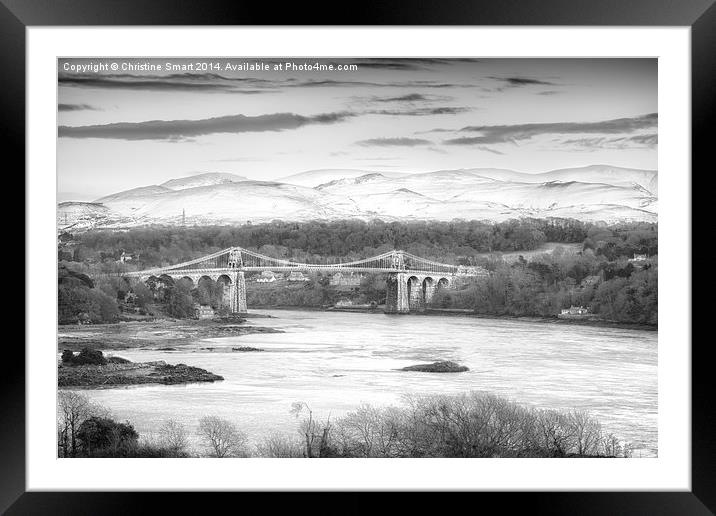  Menai Bridge Winter B&W Framed Mounted Print by Christine Smart