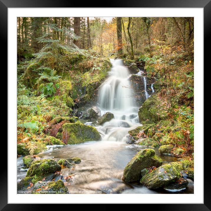 A Sunlit Forest Autumn Waterfall - Snowdonia Lands Framed Mounted Print by Christine Smart