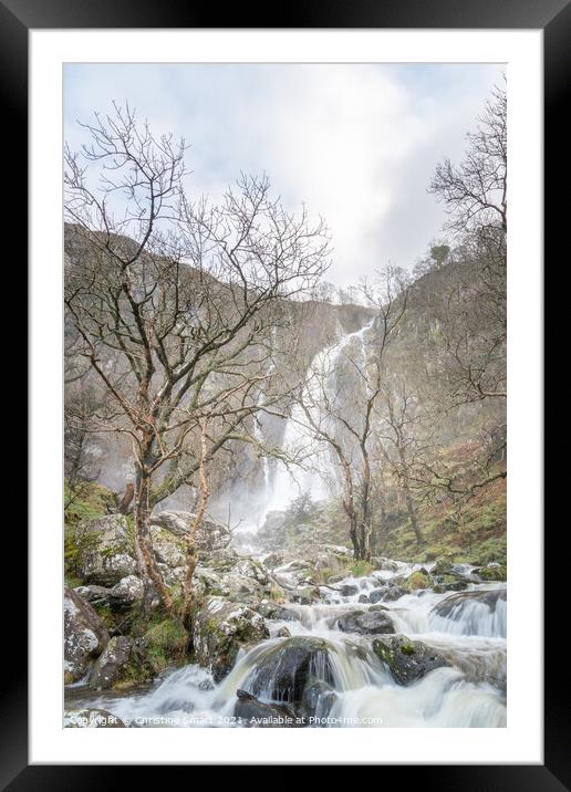 Aber Falls, Waterfall Cascading over Rocks, Landscape Photograph - North Wales Framed Mounted Print by Christine Smart