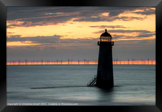 Talacre Lighthouse Silhouette Sunset, Seascape, North Wales Landmark Framed Print by Christine Smart