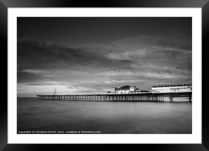 Cloudy Sunset over Colwyn Bay Pier - Monochrome/Black and White Seascape North Wales Landmark - Coast/Seaside Framed Mounted Print by Christine Smart