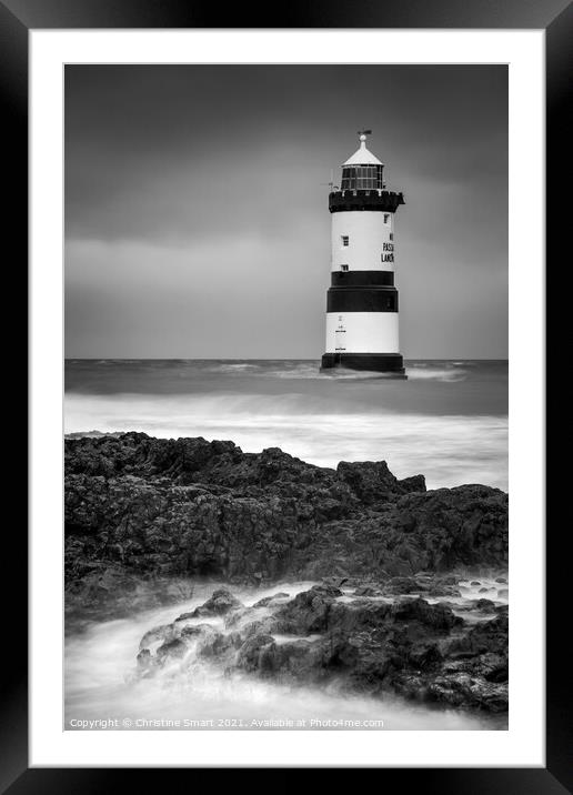 Penmon Lighthouse Anglesey - Monochrome Black and White - Landmark Dark Skies Stormy Seas Welsh Coast Seascape Framed Mounted Print by Christine Smart