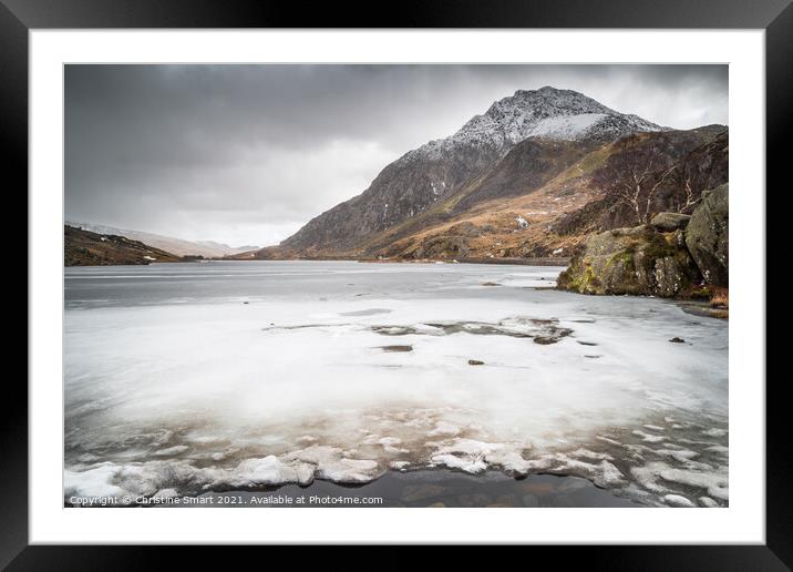 Tryfan and Llyn Ogwen, Snowdonia National Park North Wales - Mountain, Snow, Frozen Lake - Winter Scene - Snow Landscape Framed Mounted Print by Christine Smart