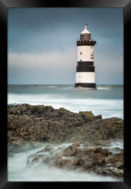 Penmon Lighthouse Anglesey - Landmark Dark Skies Stormy Seas Welsh Coast Seascape Framed Print by Christine Smart
