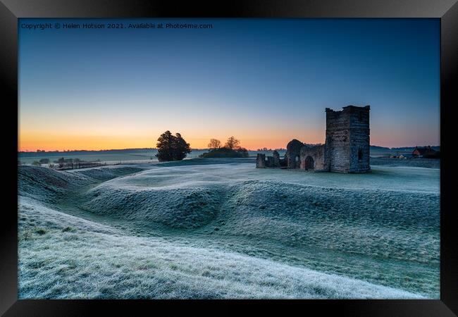 A frosty dawn over the old church at Knowlton Framed Print by Helen Hotson