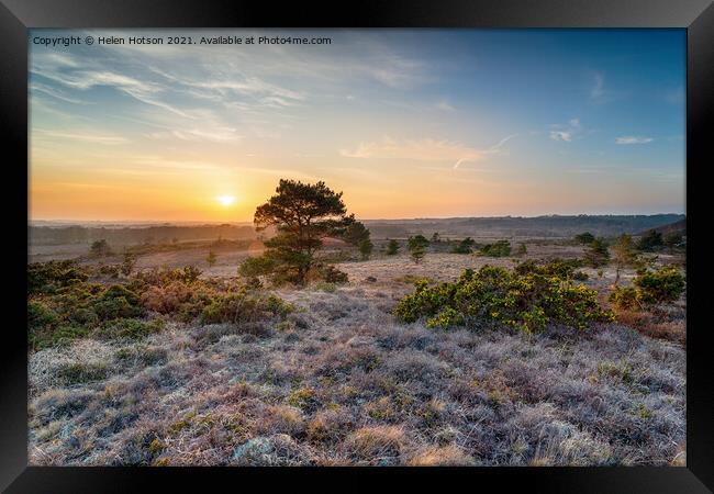 Beautiful sunset over Winfrith Heath Framed Print by Helen Hotson