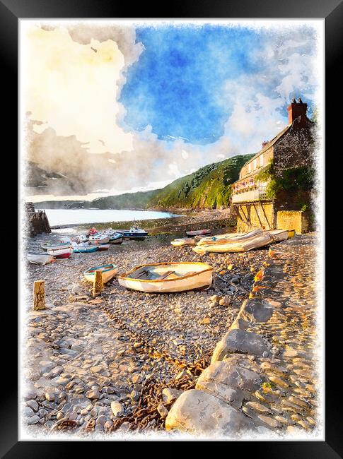 Boats in the Harbour at Clovelly Framed Print by Helen Hotson