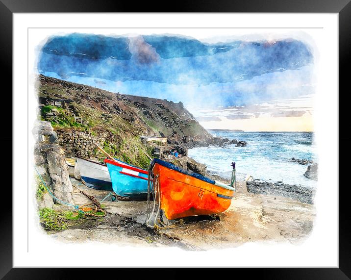 Fishing Boats at Cape Cornwall Framed Mounted Print by Helen Hotson