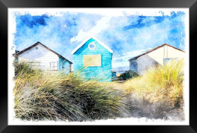 Blue & White Beach Huts Framed Print by Helen Hotson