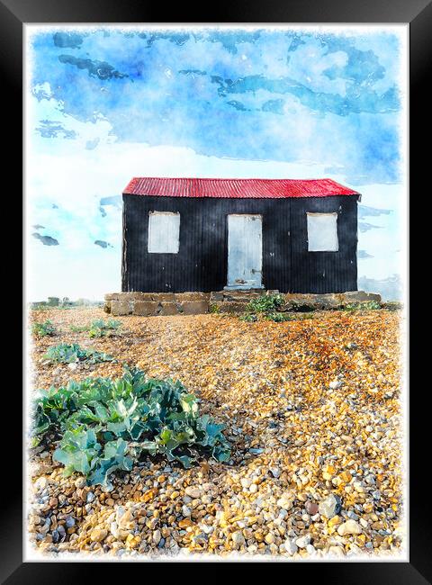 Red Hut on Rye beach Framed Print by Helen Hotson