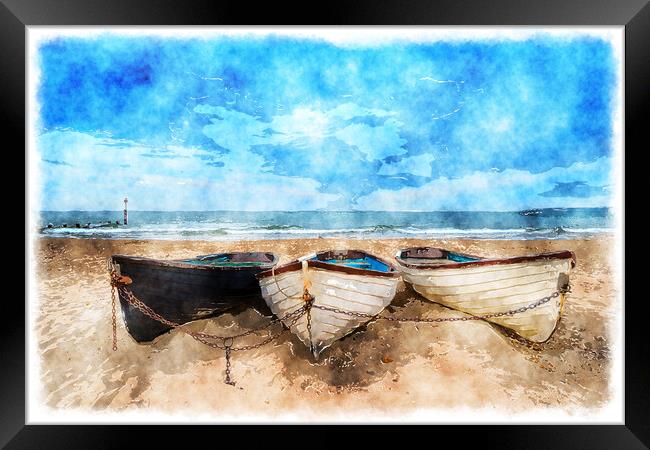 Boats On A Sandy Beach Framed Print by Helen Hotson