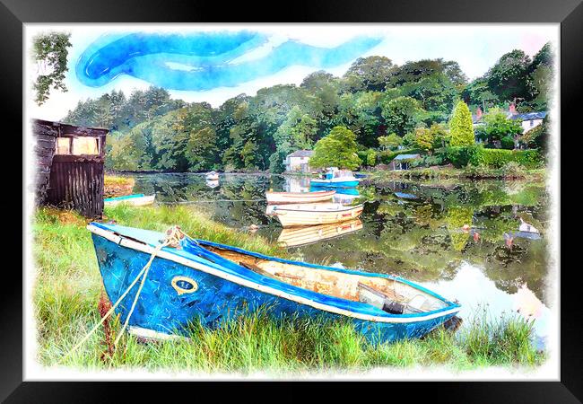 Boats on the River Lerryn Painting Framed Print by Helen Hotson