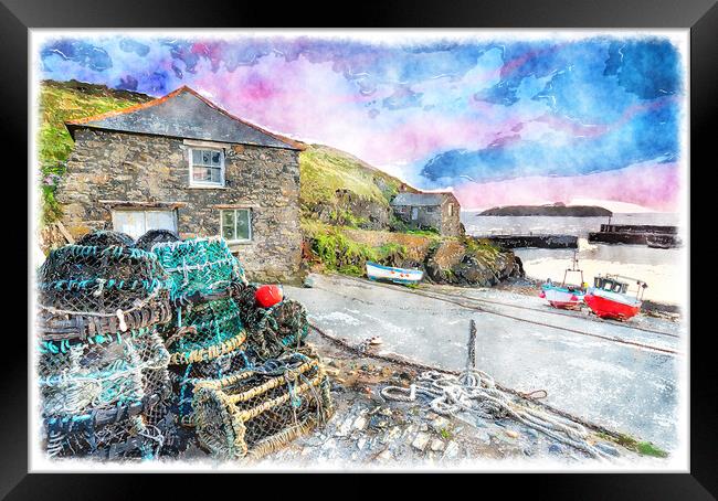 Sunset at Mullion Cove Painting Framed Print by Helen Hotson