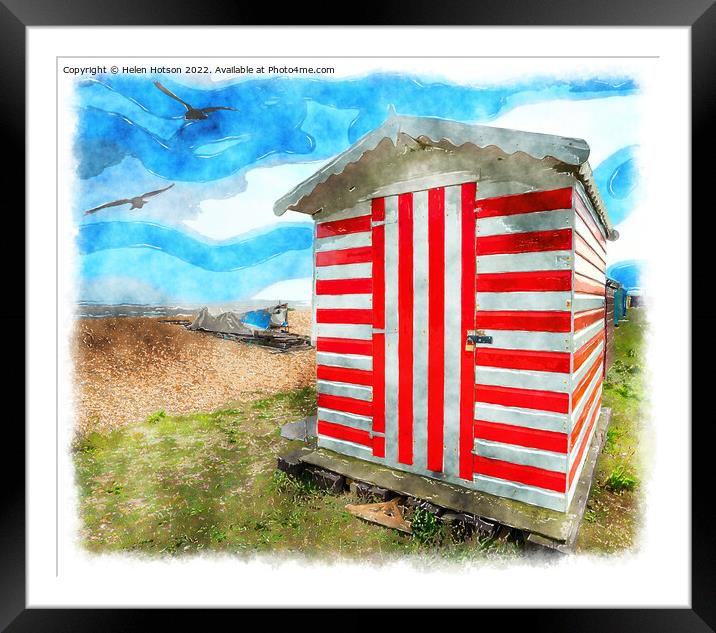 Stripey Beach Hut Painting Framed Mounted Print by Helen Hotson
