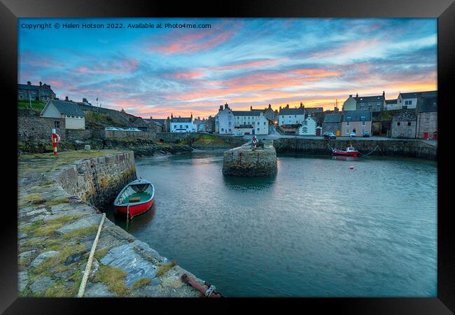 Sunset over Portsoy a fishing village in Aberdeenshire on the east coast of Scotland Framed Print by Helen Hotson