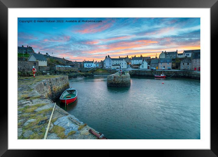 Sunset over Portsoy a fishing village in Aberdeenshire on the east coast of Scotland Framed Mounted Print by Helen Hotson