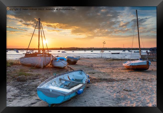 Beautiful sunset over boats on the beach at West Mersea, Framed Print by Helen Hotson