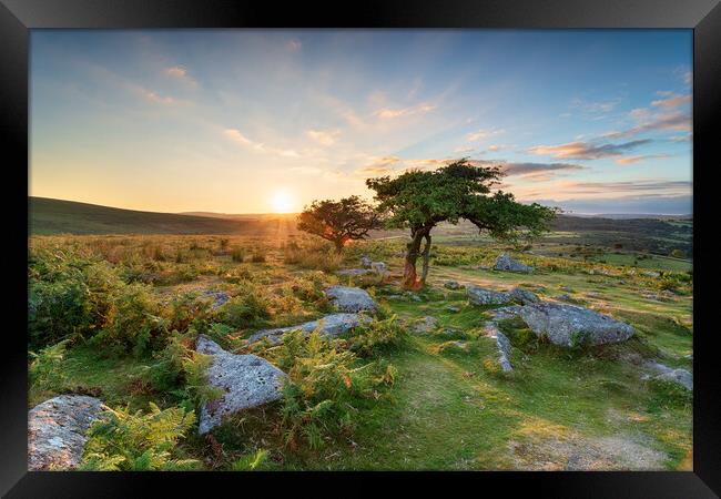 Sunset at Combestone on Dartmoor Framed Print by Helen Hotson