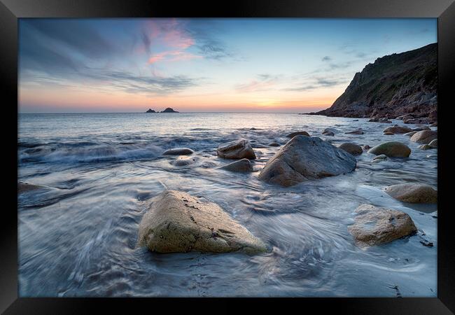 Sunset over Porth Nanven in Cornwall Framed Print by Helen Hotson