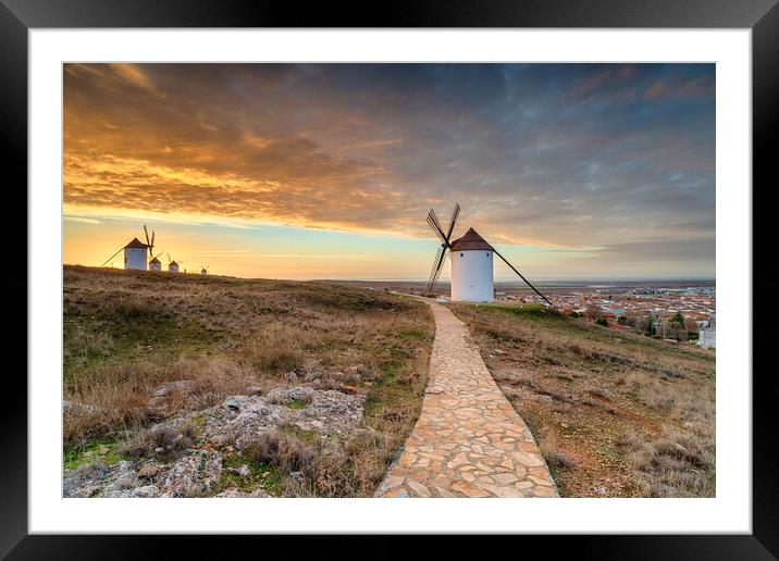 Beautiful sunrise over the Manchegos windmills Framed Mounted Print by Helen Hotson