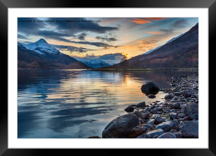 Beautiful sunset with snow capped mountains from the shores of L Framed Mounted Print by Helen Hotson