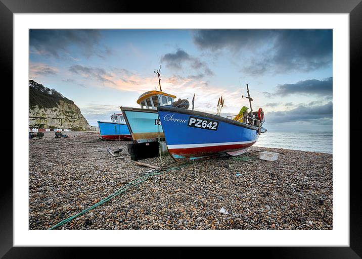 Fishing boats on the beach at Beer in Devon Framed Mounted Print by Helen Hotson