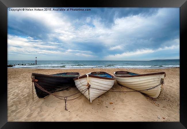 Boats On A Sandy Beach Framed Print by Helen Hotson