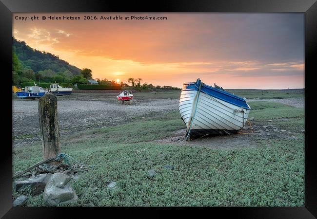 An Old Boat at Sunset on Porlock Weir Framed Print by Helen Hotson