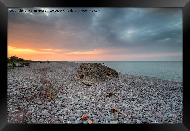 Dramatic Sunset over the Beach at Porlock Weir Framed Print by Helen Hotson