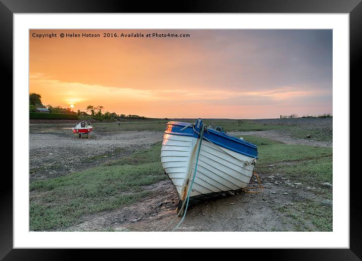 Sunset over Fishing Boat at Porlock Weir Framed Mounted Print by Helen Hotson