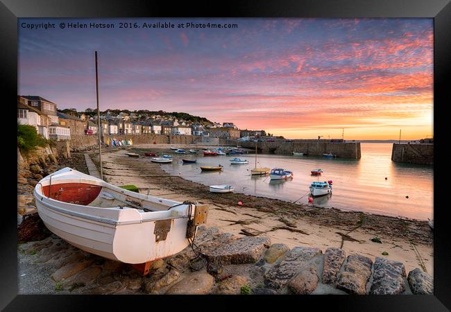 Sunrise over Fishing Boats at Mousehole Framed Print by Helen Hotson
