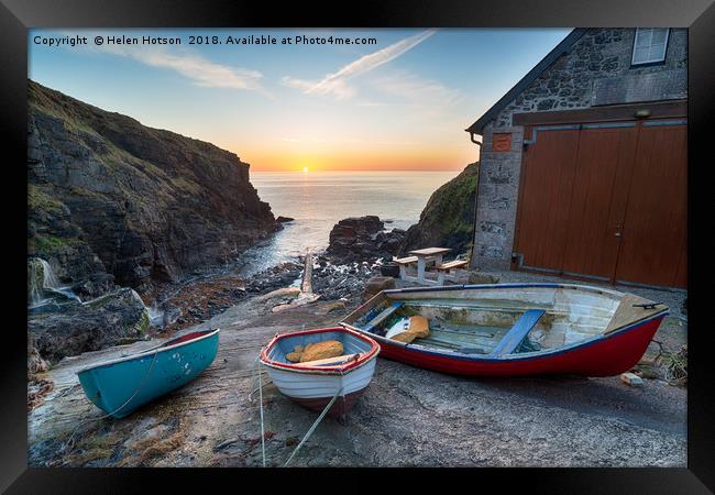 Sunrise at Church Cove in Cornwall Framed Print by Helen Hotson