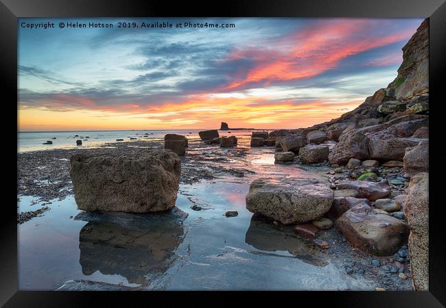 Stunning sunrise over Saltwick Bay near Whitby Framed Print by Helen Hotson