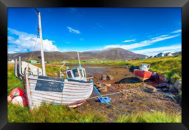 Old fishing boats at Leverburgh on the Isle of Harris Framed Print by Helen Hotson